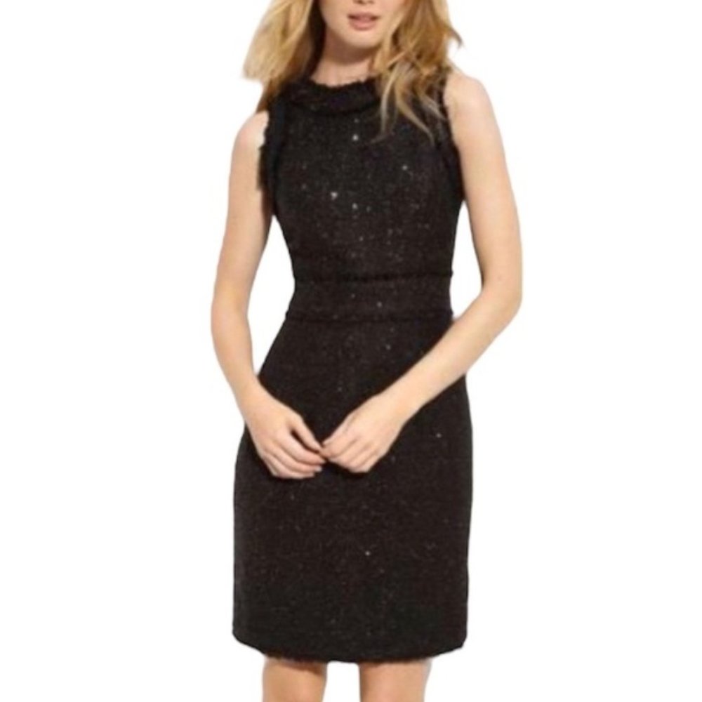 MICHAEL Michael Kors Fringed Sleeveless Slit Pencil Mini Dress in Black Tweed